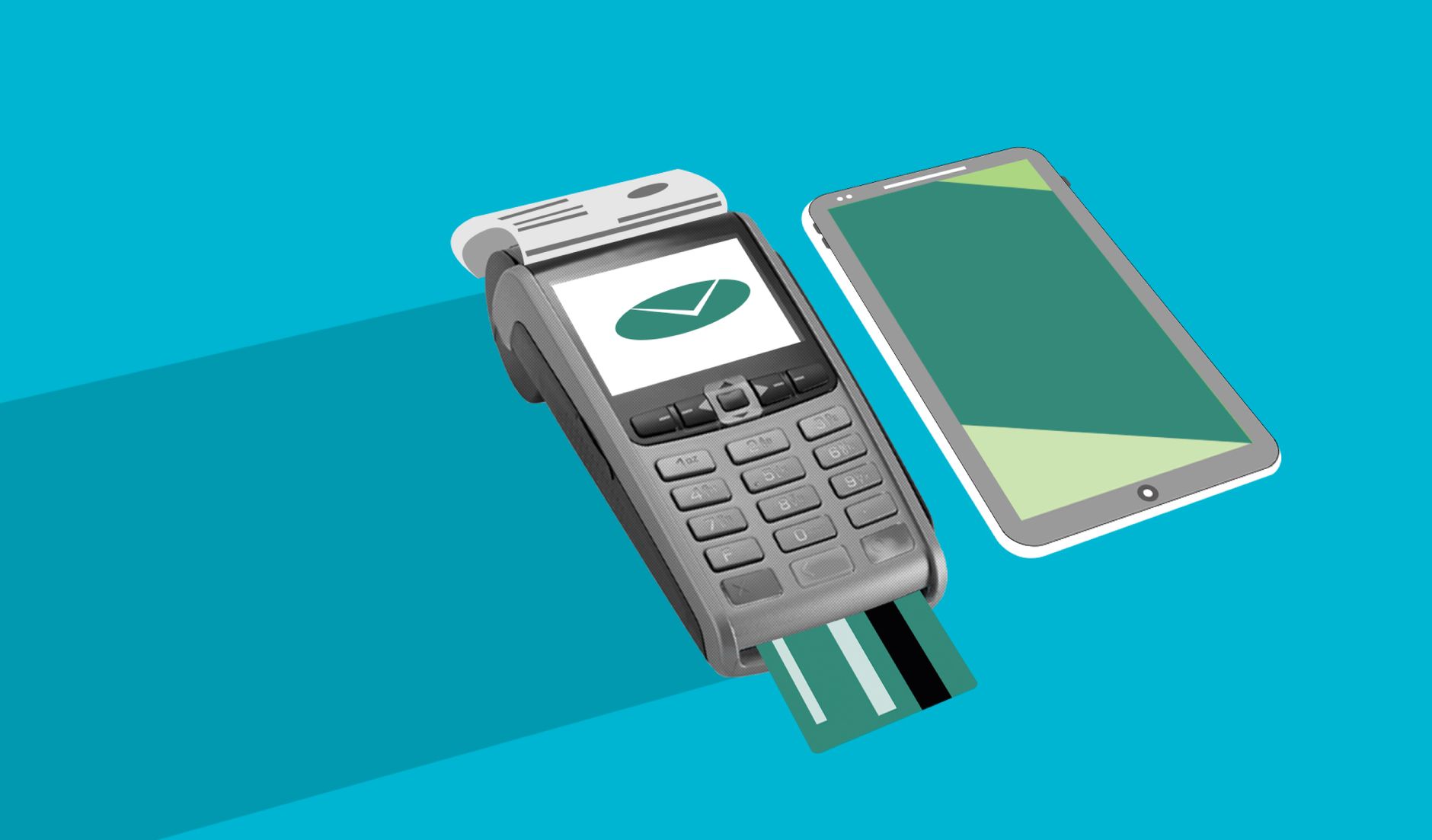 Decorative cardboard appliques of POS terminal with credit card near cellphone with app on screen during money transaction on blue backgroun
