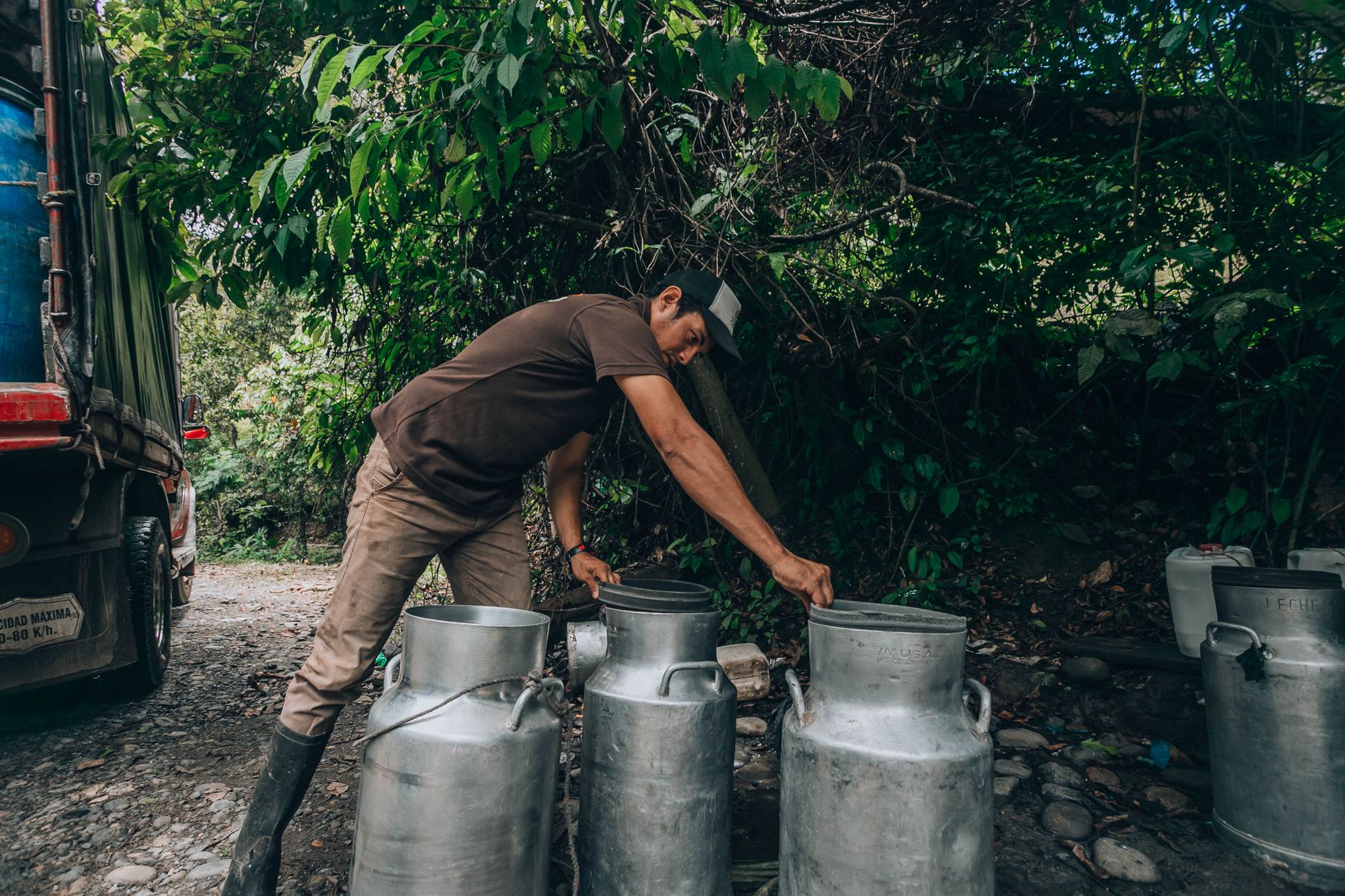 A man loading milk cans onto a truck on a forest road. Rural and outdoor scene.
