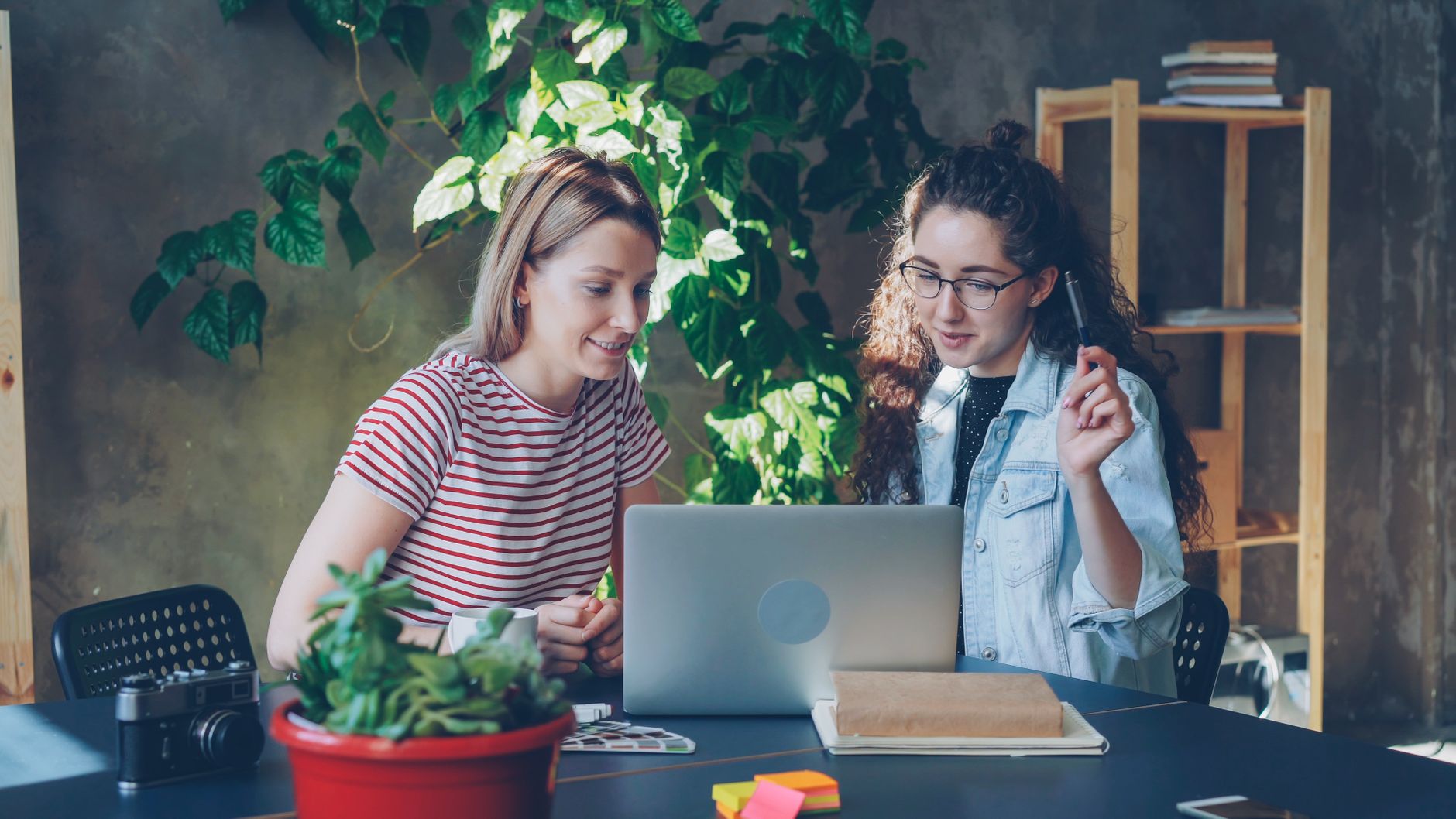 Two women work together on a laptop indoors, surrounded by plants.