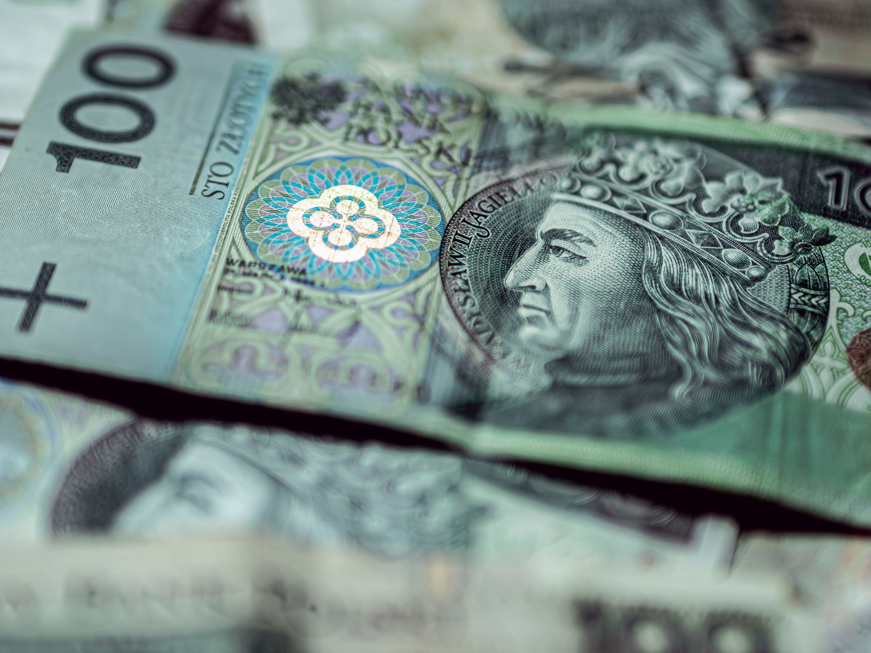 Detailed close-up of Polish zloty banknotes focusing on 100 PLN, highlighting intricate currency design.
